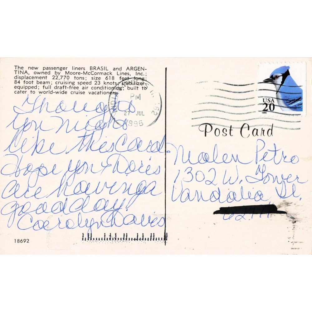 Vintage Moore-McCormack Lines SS Brasil Argentina Ocean Liner Postcard 1996 PM - Picture 2 of 2